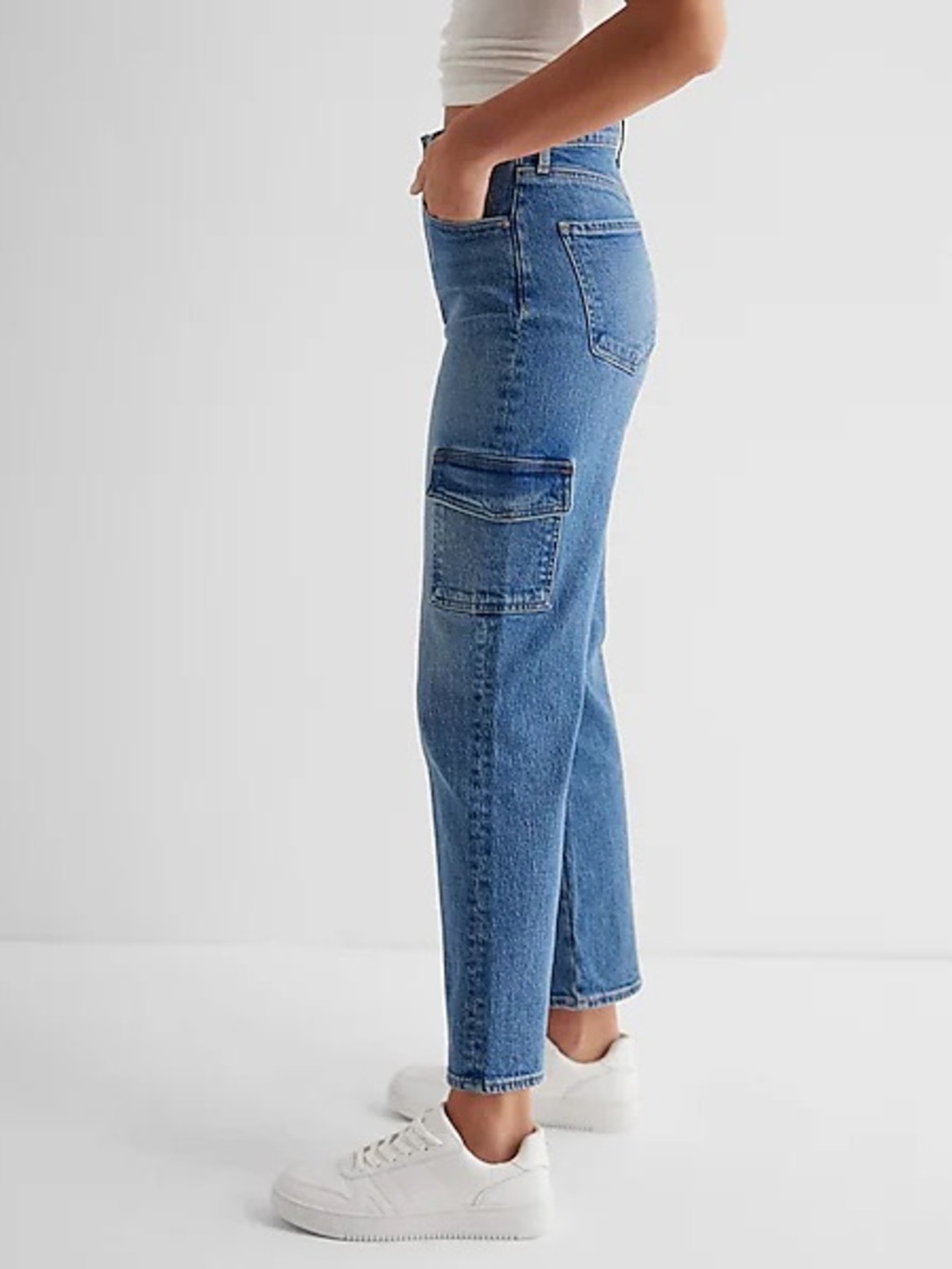 NWT Express High Waisted Medium Wash Denim Straight Ankle Cargo Jeans size 12L